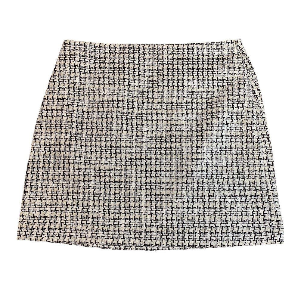 Loft Tweed Sequin Mini Skirt Womens 14T White Black Lined Office Chic Party Glam